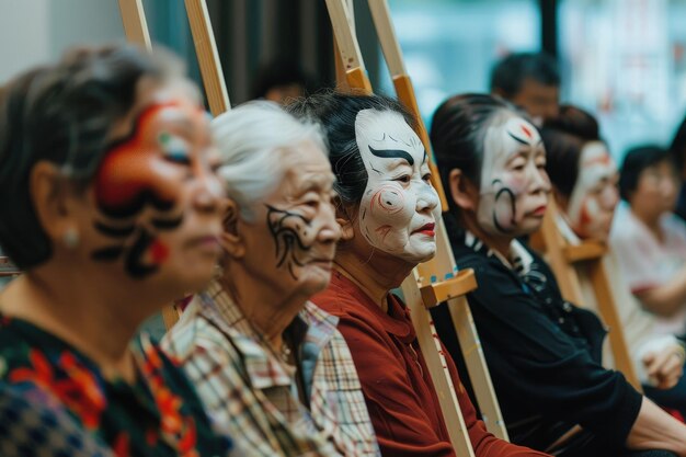 사진 페인팅 된 얼굴 을 가진 사람 들 의 집단 이 서로  에 앉아 있다