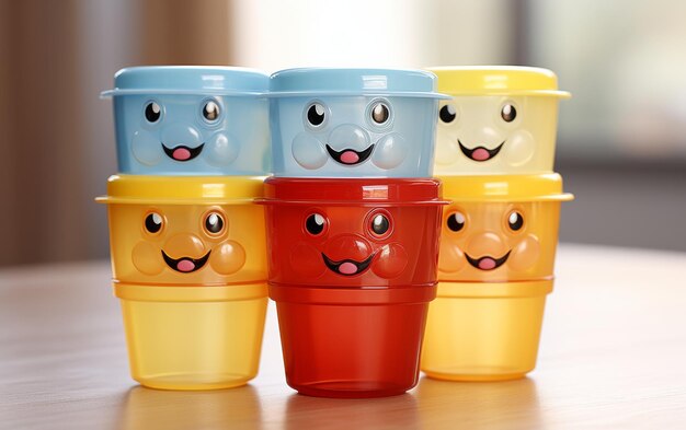 写真 色とりどりのディスプレイで一緒に立っている気まぐれな顔が描かれたプラスチックカップのグループ