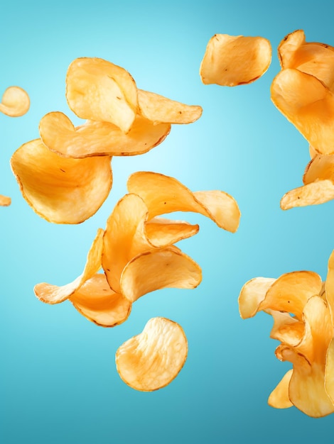 Фото Группа картофельных чипсов, парящих в воздухе