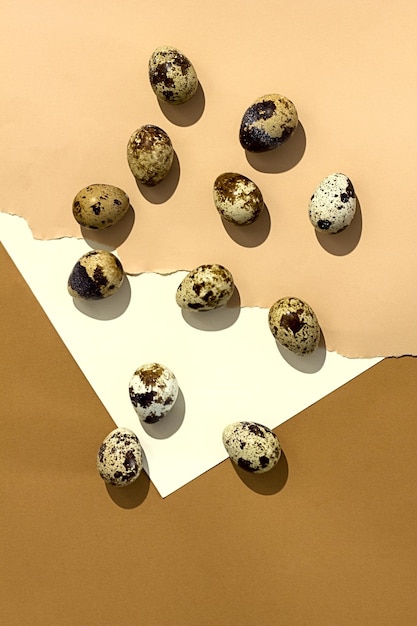 Фото Группа перепелиных пасхальных яиц лежит на трех бежевых пастельных тонах с жесткой тенью