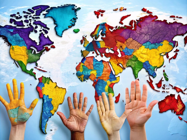 Фото Группа беженцев с разными руками разного цвета кожи протягивает руку, чтобы прикоснуться к карте мира сверху.