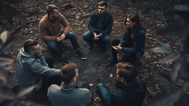 Фото Группа из шести друзей сидит в кругу на земле в лесу