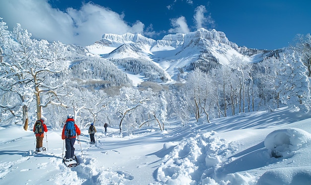 Фото Группа лыжников стоит в снегу с горой на заднем плане
