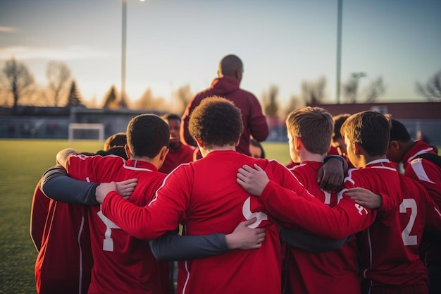 写真 サッカー選手のグループが集まっており、そのうちの 1 人が赤いジャージを着ています。