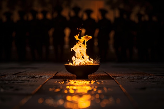 写真 一組の兵士が火の周りに立って一人が祈っています