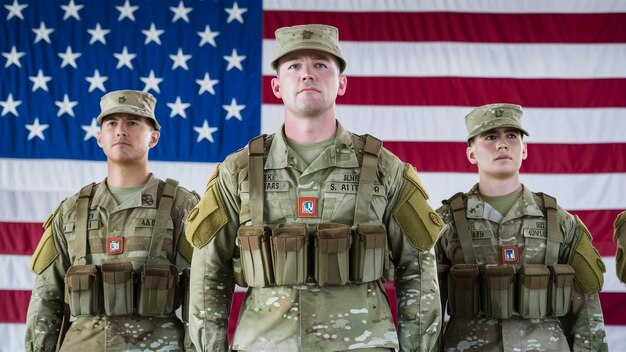 写真 a group of soldiers standing in front of a flag with the letter m on it