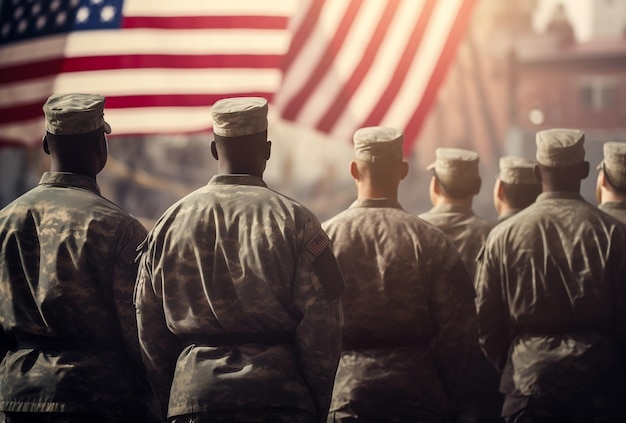 写真 米国旗を尊重して立つ兵士のグループ