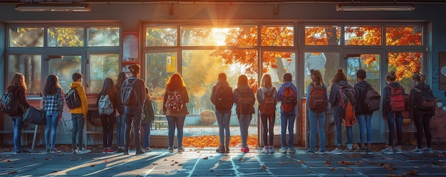 写真 a group of students eagerly lining outside background