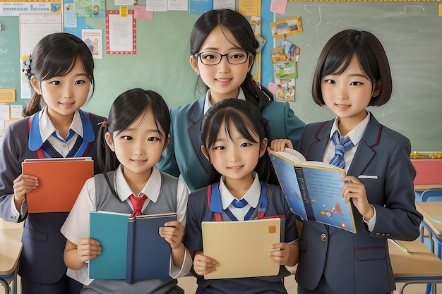 写真 手に本を持った学生のグループ