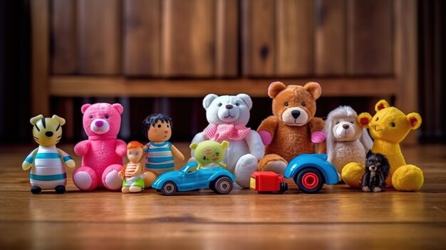 Фото Группа мягких игрушек выстроилась на деревянном полу.
