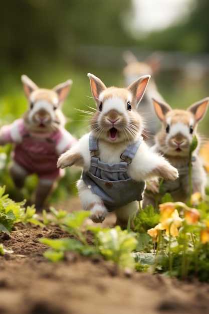 Фото Группа из трех маленьких кроликов бежит по полю.