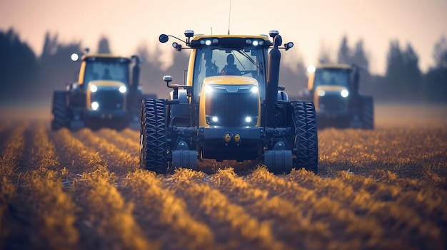 Фото Группа тракторов, проезжающих по полю генеративный искусственный интеллект