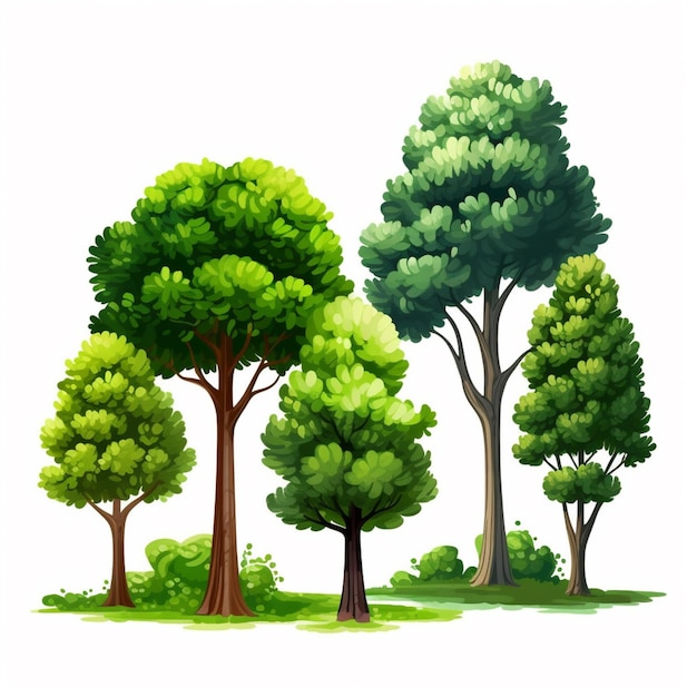 Фото Группа деревьев с зелеными листьями на белом фоне генеративный аи