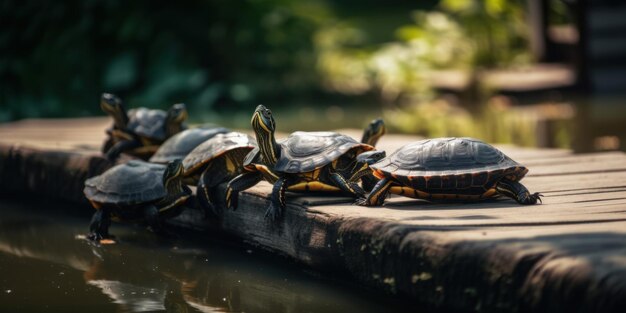 写真 木製のドックの上に座っているカメの群れ 生成されたai画像