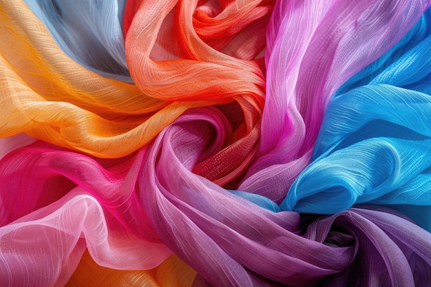 Фото Группа скрученных цветных марлевых тканей текстильная палитра праздничный интерьер верхний вид горизонтальный