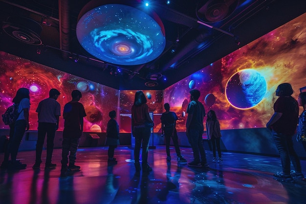 Фото Группа посетителей наблюдает за потрясающей футуристической космической выставкой