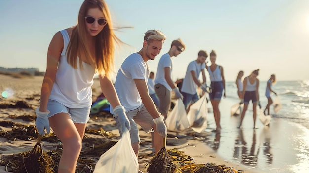 Фото Группа добровольцев держит пляж чистым они носят белые футболки и перчатки и собирают мусор в пластиковых пакетах