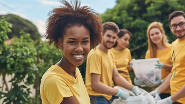 写真 ボランティアのグループがコミュニティを清潔に保ち 黄色いtシャツを着て カメラに微笑んでいます