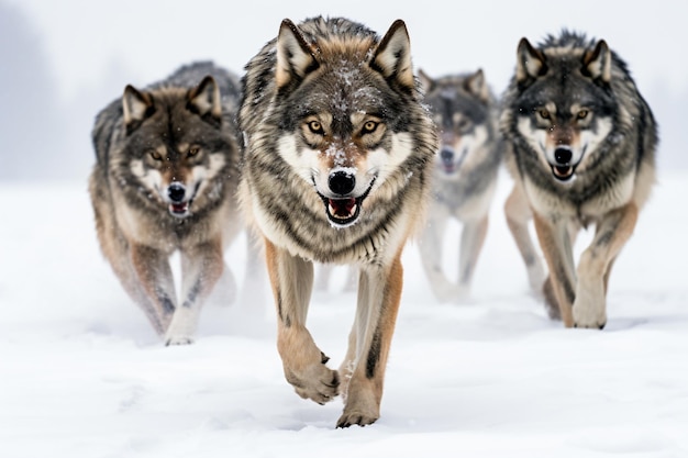 Фото Группа волков бежит по снегу.