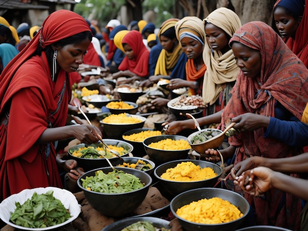 写真 女性のグループが食事の鉢を持ったテーブルで食事を提供しています