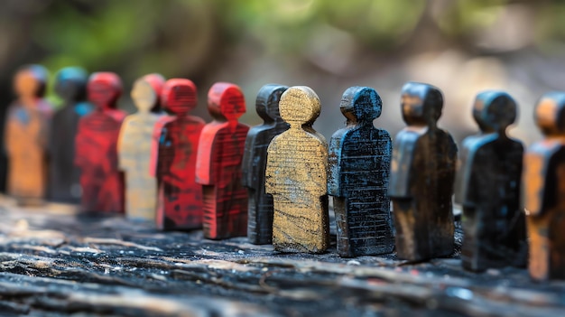 Фото Группа деревянных фигур разных цветов, выстроенных на деревянной поверхности на размытом фоне