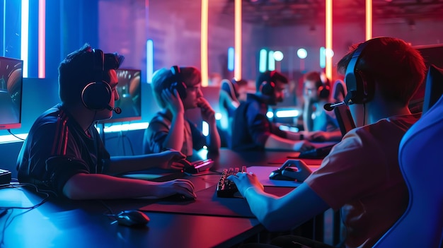 Фото Группа молодых людей сидит в темной комнате и играет в видеоигры. все они носят наушники и смотрят на свои экраны.