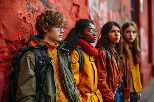 Фото Группа молодых людей, стоящих рядом с красной стеной