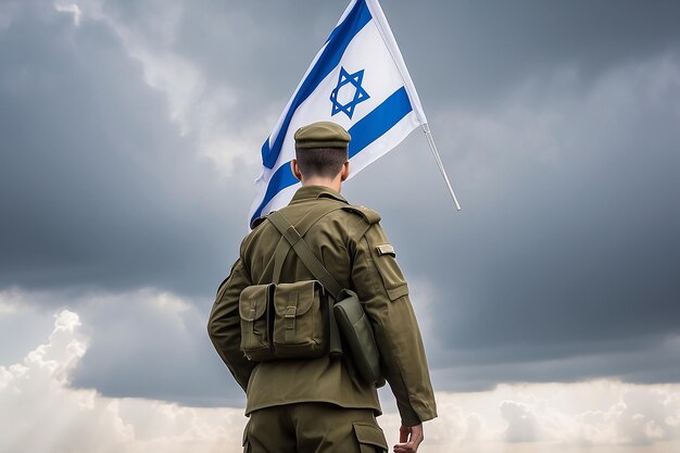 Фото Парень в солдатской форме с израильским флагом в руке на облачном небе день памяти йом хазикарон патриотический праздник день независимости израиля