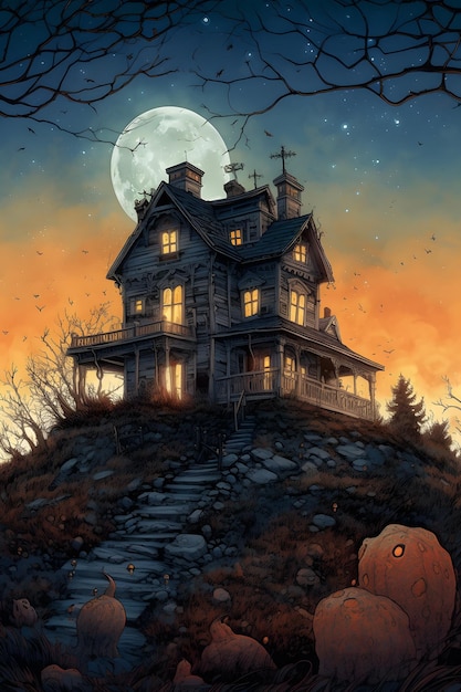Хэллоуинская тыква и жуткий дом в ночь