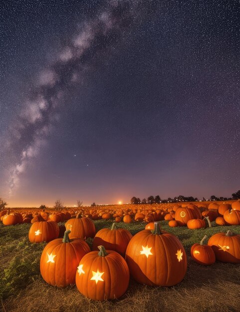 写真 夜のハロウィーンポンプキン畑