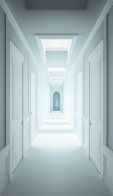 写真 白い扉と青い空が広がる廊下。