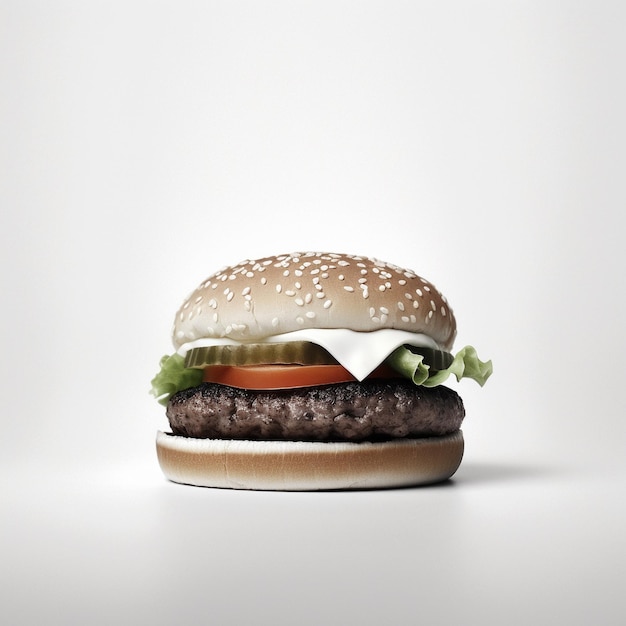 Фото Гамбургер с гамбургером на нем сидит на столе.
