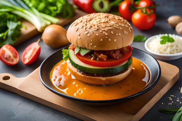 Фото Гамбургер с томатным соусом и салатами на тарелке