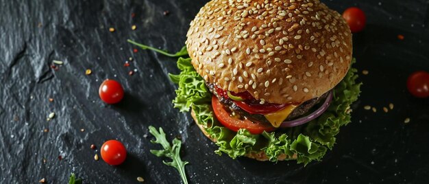 Фото Гамбургер с салатами, помидорами и сыром