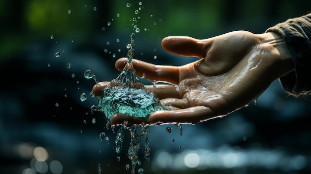 写真 水を救うために水の滴を捕まえる手