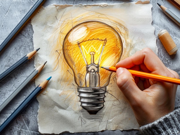 写真 a hand drawing a lightbulb on paper symbolizing innovation and creativity set against a textured grey background generative ai