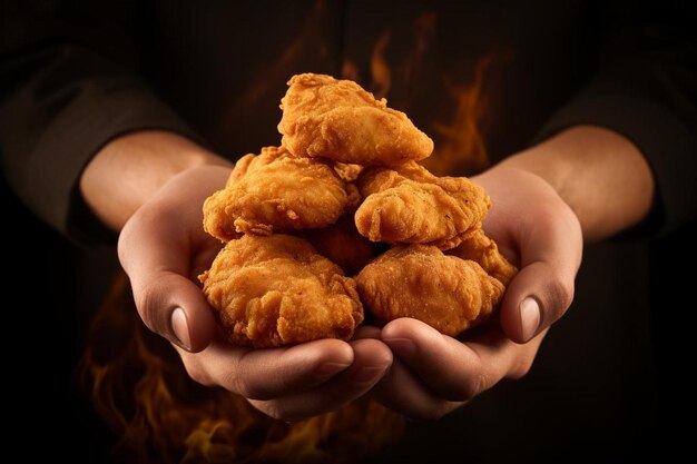 Foto a_hand_holding_a_chicken_nugget_with_a_pile_of_freshl_161_block_0_1jpg