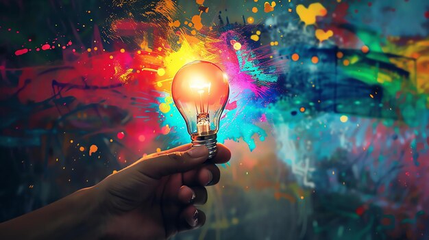 Фото Рука, держащая светящуюся лампочку, лампочка окружена красочным взрывом краски, изображение полно энергии и творчества.