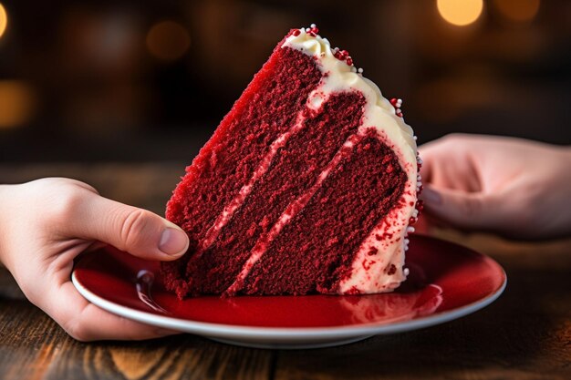 写真 赤いベルベットケーキのスライスを持った皿を握る手