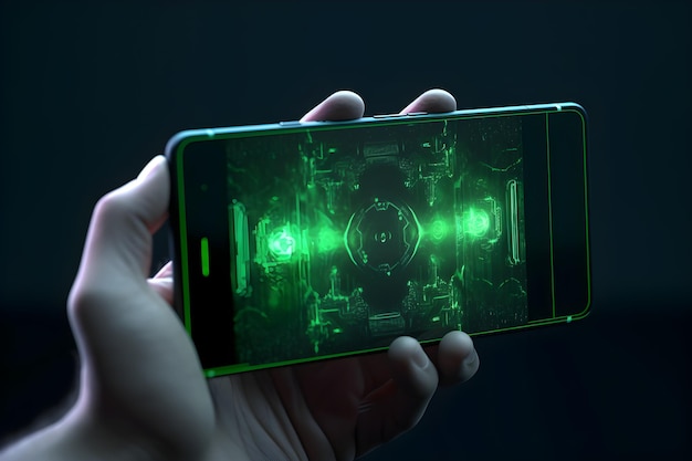 Фото Рука держит смартфон с зеленым светом на экране