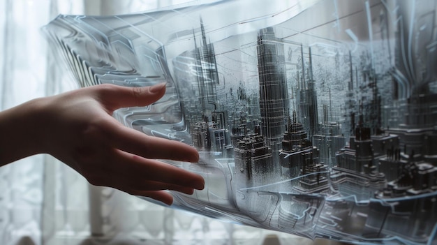 사진 도시 풍경 의 상세 한 이미지 가 인쇄 된 투명 한 재료 시트 를 들고 있는 손