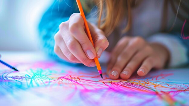 Фото Рука окрашивает яркий большой цветочный рисунок маркерами розово-желто-оранжевые и черные оттенки доминируют над произведением искусства наряду с окрашивающими карандашами и маркерами на деревянной поверхности