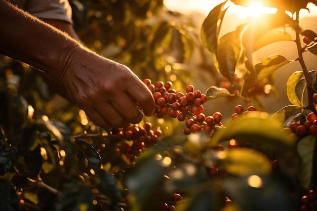 写真 a hand picking red berries from a tree in a field