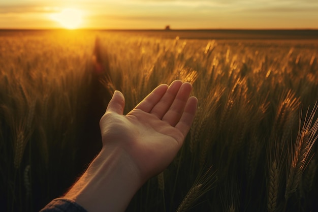 写真 麦畑で太陽に手を伸ばす手