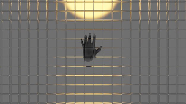 Фото Силуэт руки с прозрачной травяной стеной кубической клетки с закатным морем на заднем плане 3d рендеринг