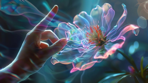 사진 섬세한 손은 디지털 캔버스에서 꽃의 윤을 가게 추적합니다.