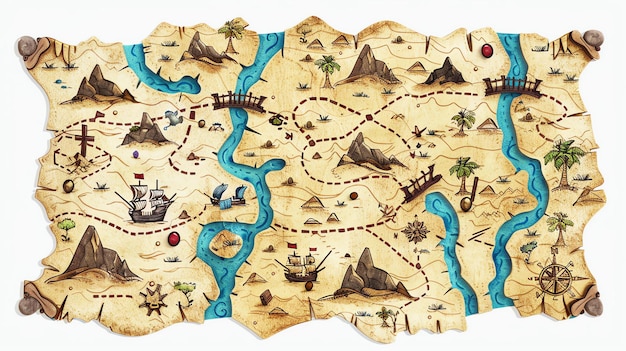 Фото Ручная карта показывает остров сокровищ с пальмой, рекой, мостом и кораблем.