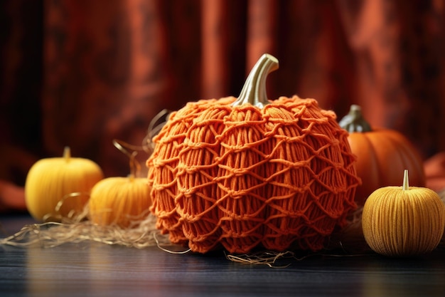 写真 オレンジ色の毛糸を使った手作りのかぼちゃ飾り