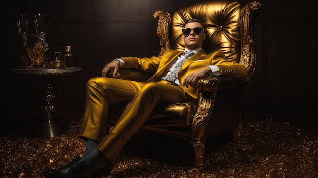 写真 高価なファッショナブルなスーツを着たハンサムで自信のある男性がスタイリッシュな革の椅子に座ってカメラを見ていますビジネスでの成功と勝利のテーマは