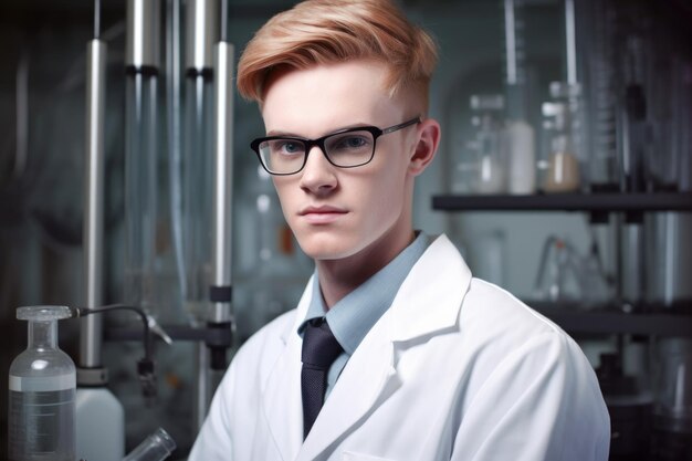 Фото Красивый молодой ученый работает в своей лаборатории.
